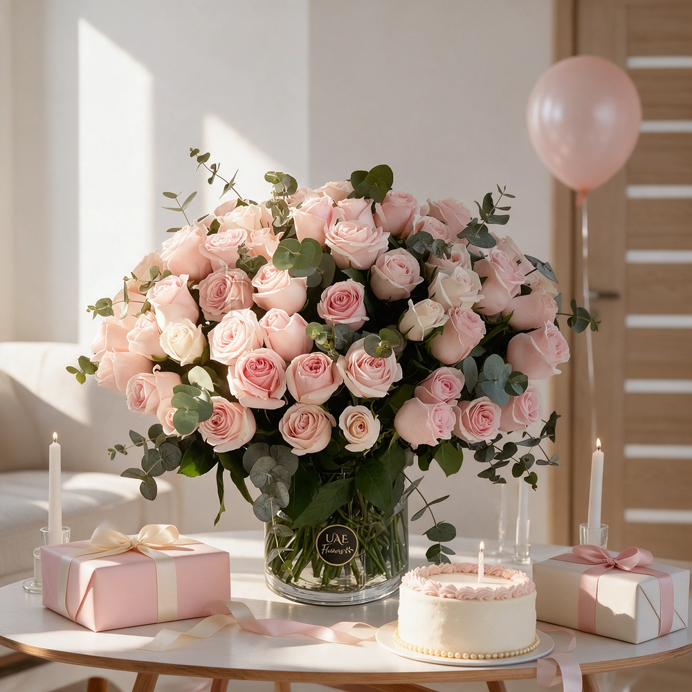 50 pink roses with eucalyptus leaves in a glass vase