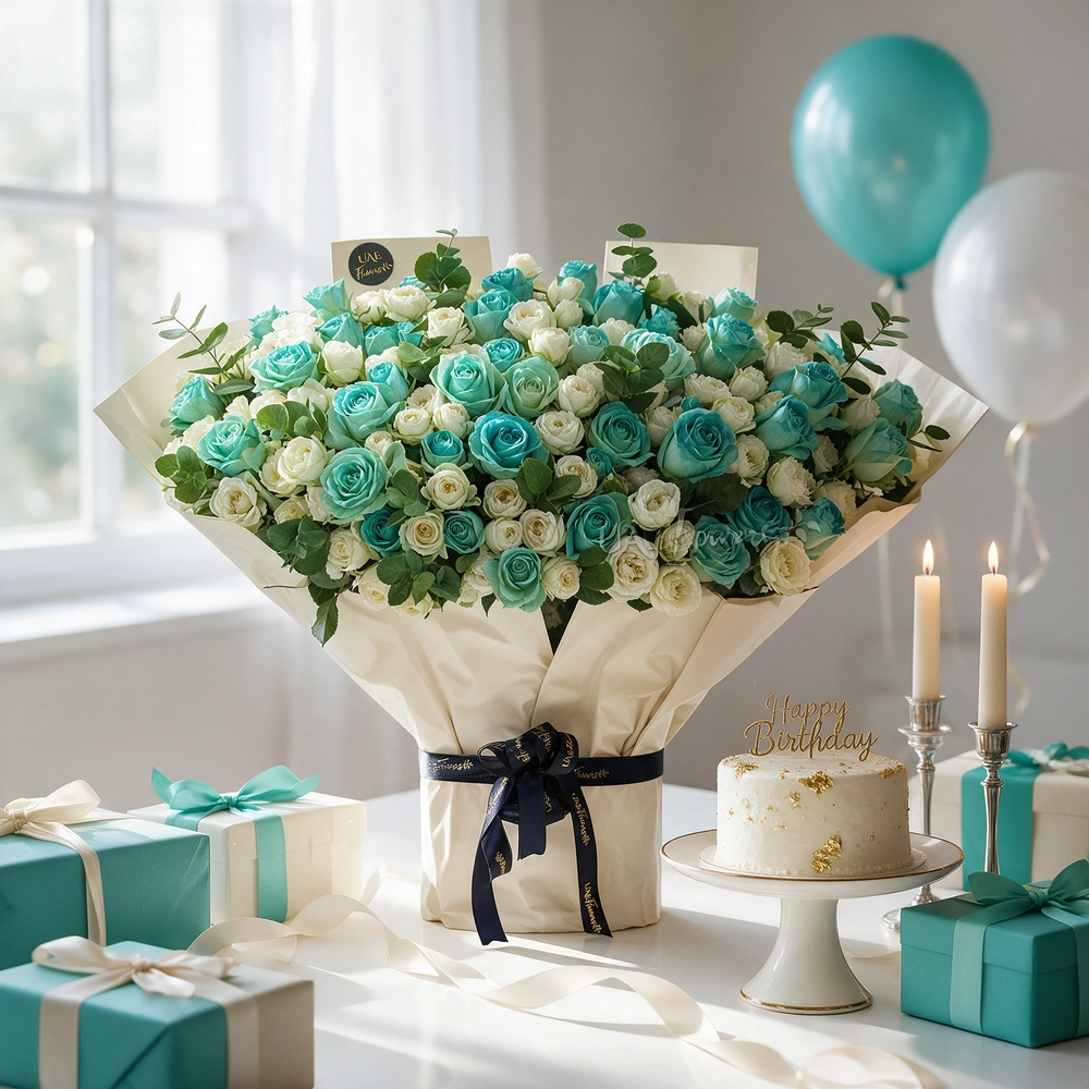 bouquet of 20 white spray roses and 30 blue sprayed roses with green fillers