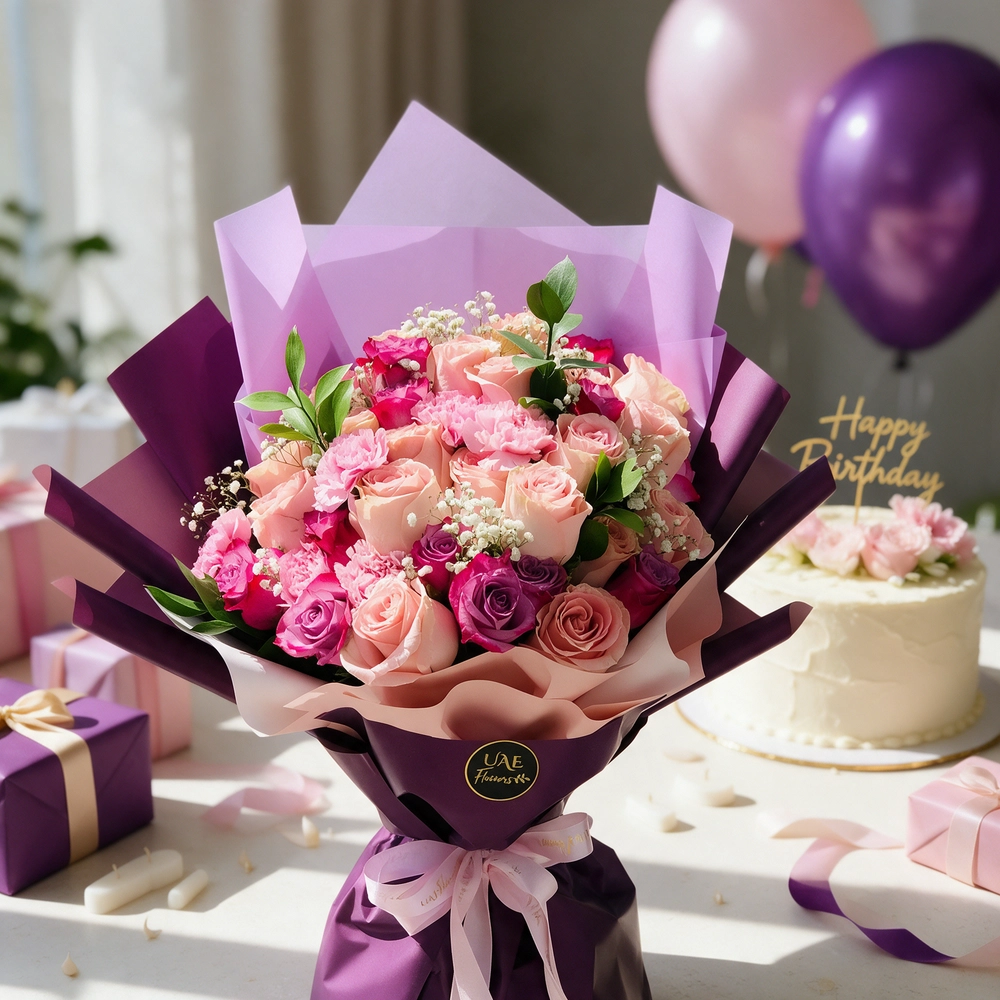 A bouquet of 9 light pink roses, 6 purple roses & 3 light pink carnations with fillers in a purple and grey wrapping paper tied with grey ribbon