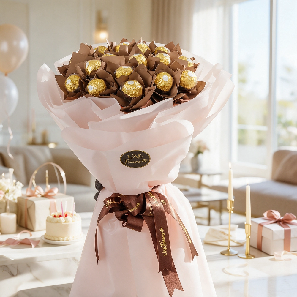Bouquet of 16 Ferrero Rocher chocolates elegantly wrapped in paper and tied with ribbons, perfect for birthdays, anniversaries, or romantic gifting.