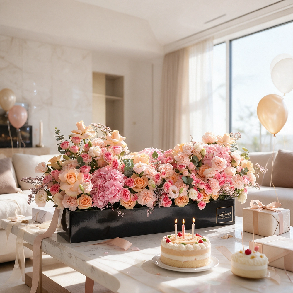 Arrangement of 20 peach roses, 20 pink carnations, 20 pink spray roses and 3 pink hydrangeas with green fillers in a long black box.