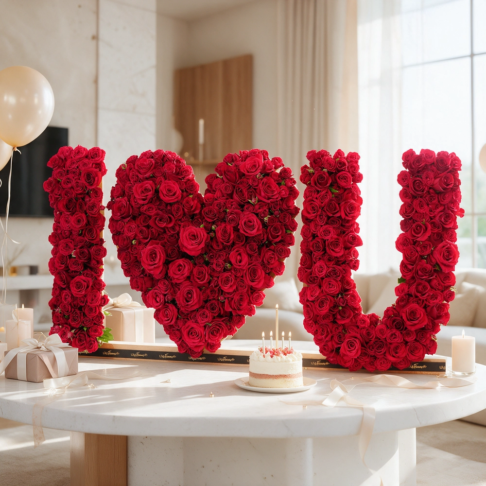350 to 400 red spray rose buds arranged in an I Love You shape