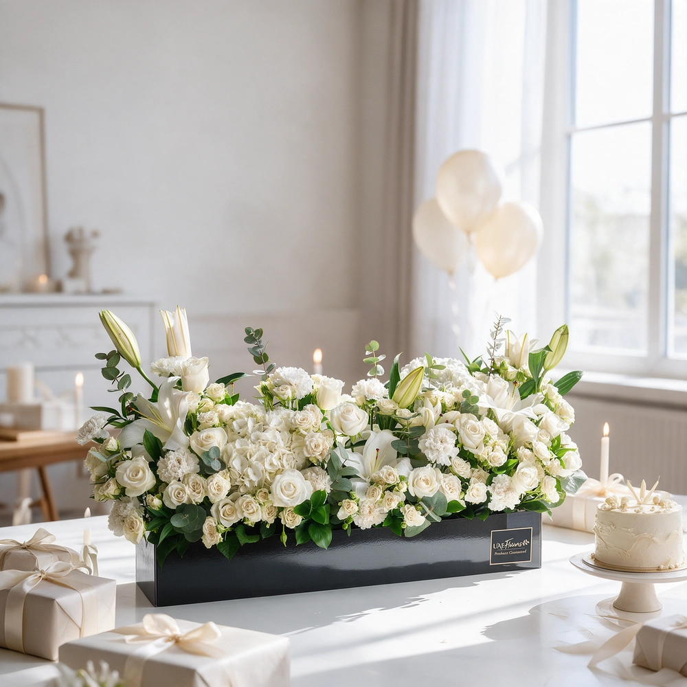Arrangement of 5 white lilies, 20 white roses, 20 white spray roses, 10 white carnations and 2 white hydrangeas with green fillers in a long black box.