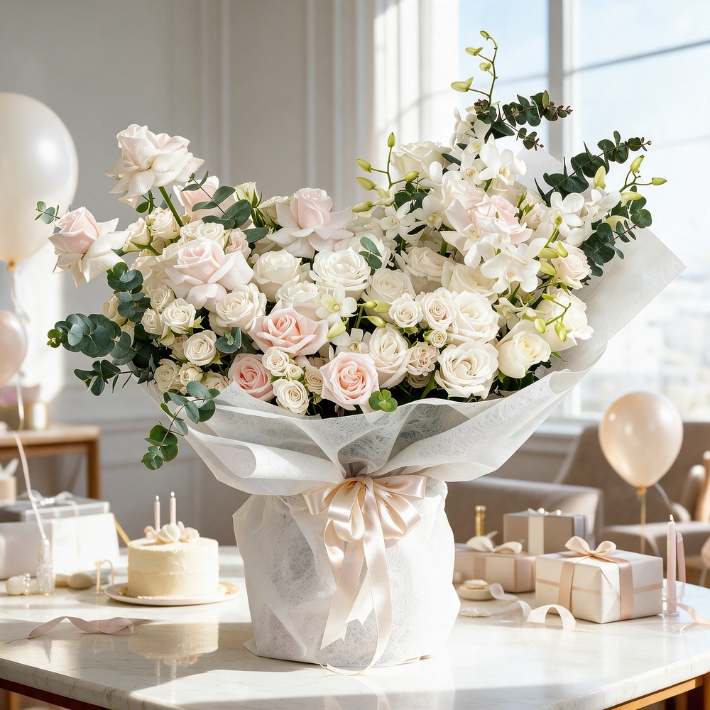 Bouquet of 20 white roses and 10 white spray roses with green fillers in white paper packing tied with white ribbon.