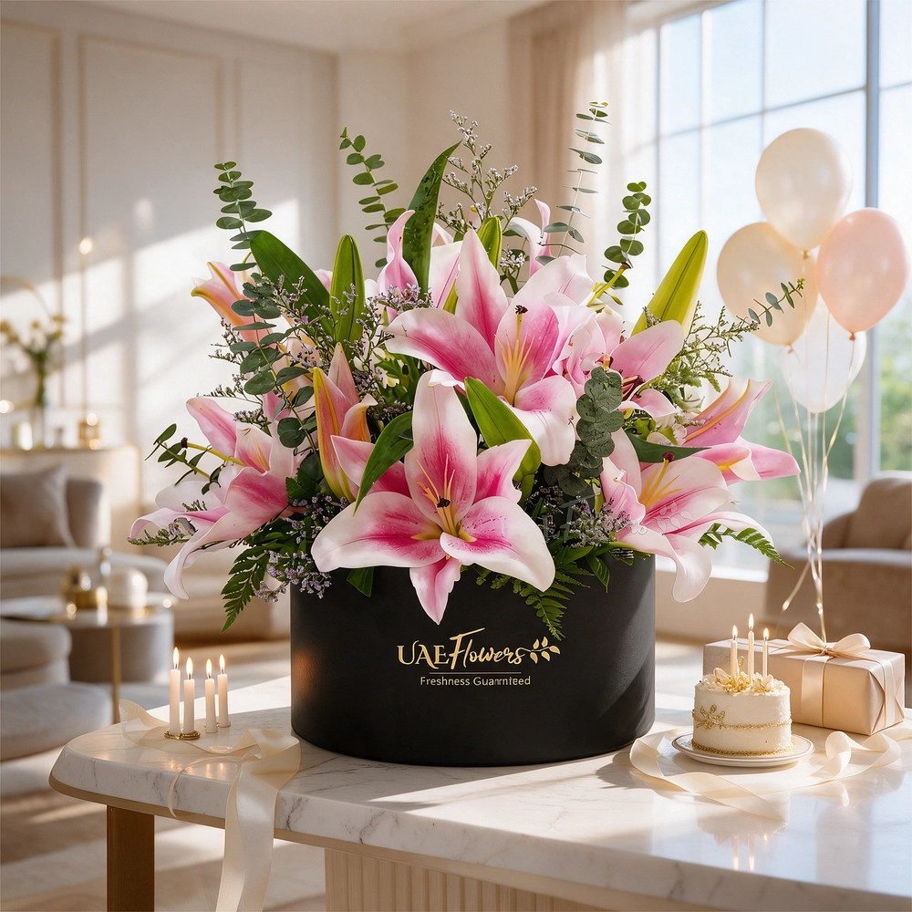 5 pink lilies with eucalyptus leaf and limonium fillers in a black round box