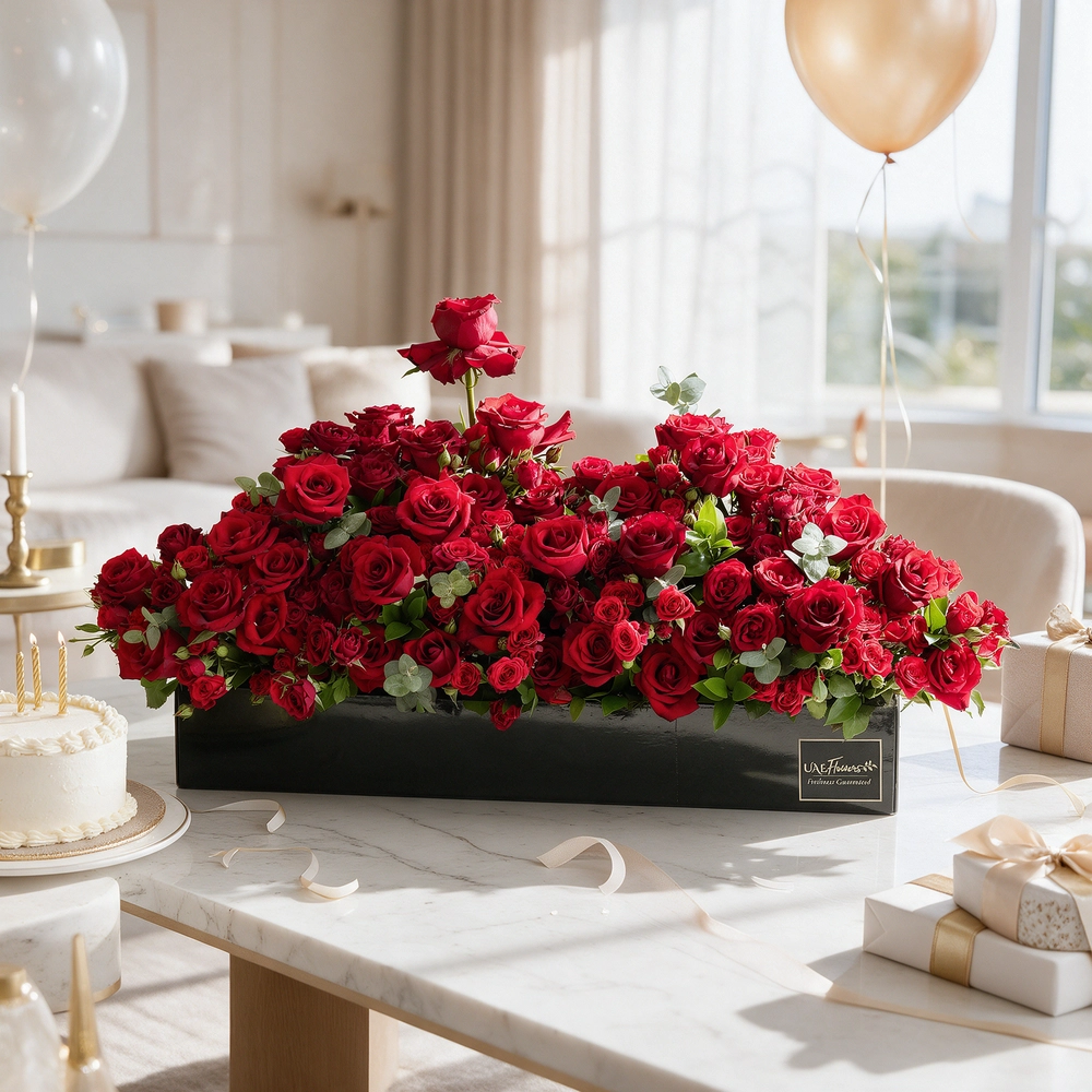 Arrangement of 50 red roses and 30 red spray roses with green fillers in a long black box.