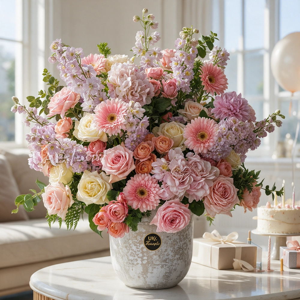 36 flowers, including pink delphiniums, hydrangeas, spray roses, garden roses, gerberas