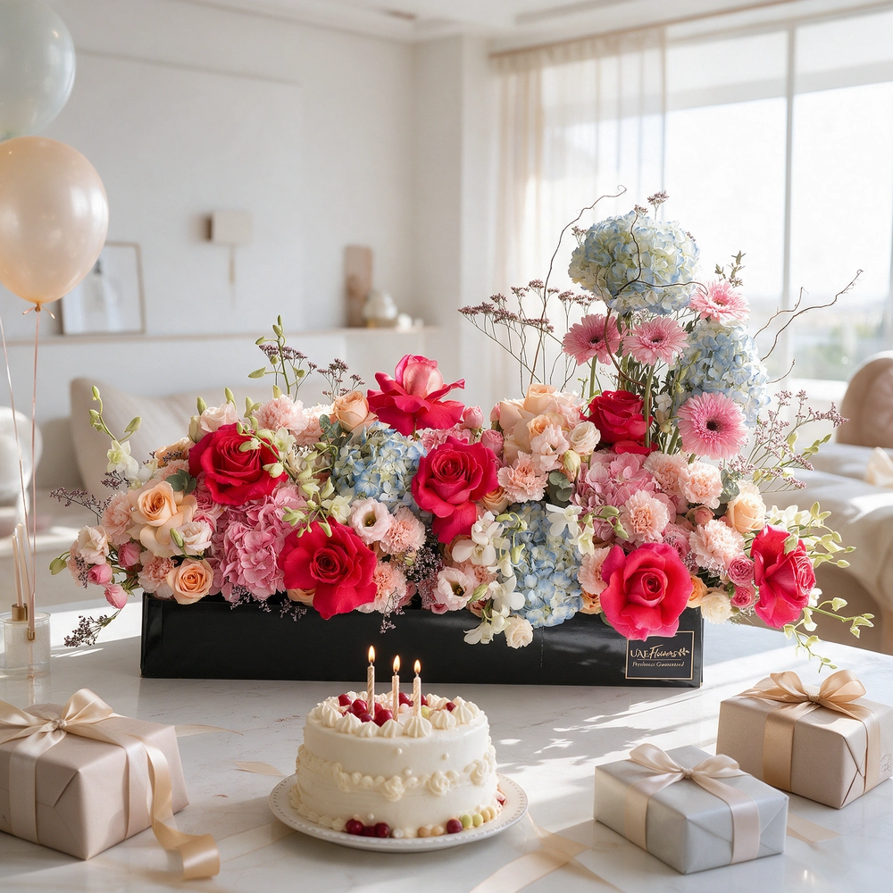 Arrangement of 4 blue hydrangeas, 2 pink hydrangeas, 20 pink carnations, 10 pink spray roses, 10 peach roses and 4 pink gerberas with green fillers in a long black box.