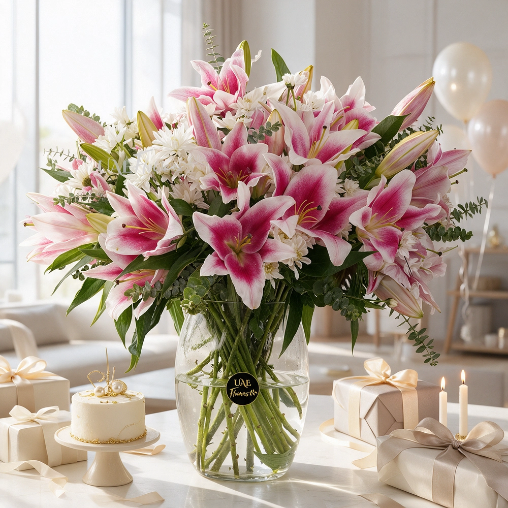 10 pink lilies and 5 white chrysanthemums