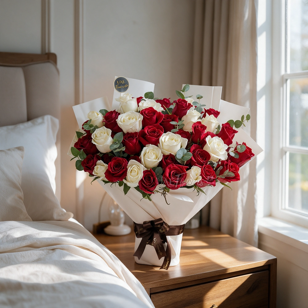 bouquet of 25 red and 15 white roses with green fillers in paper packing tied with ribbons