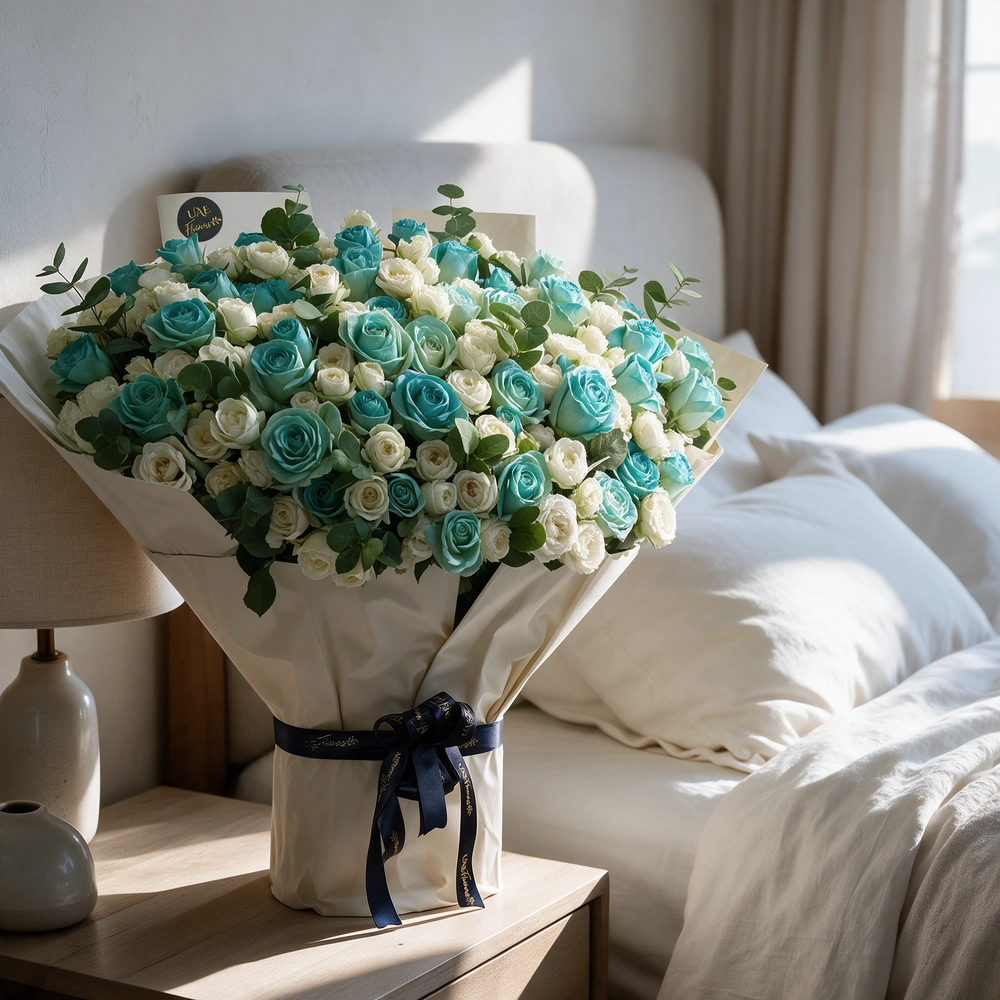 bouquet of 20 white spray roses and 30 blue sprayed roses with green fillers