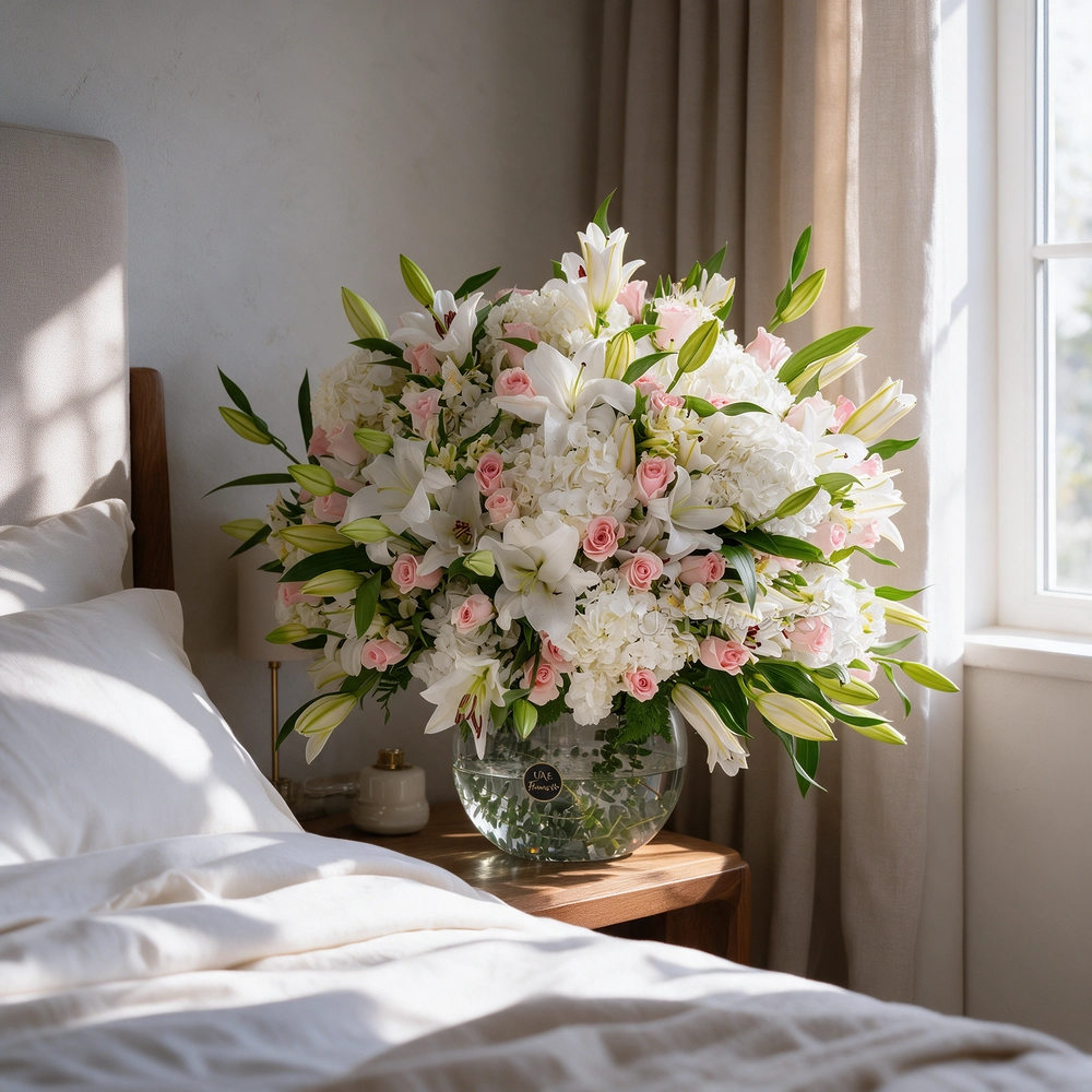 Clear glass vase with white hydrangeas, lilies, alstroemeria, and pink roses, accented with lush green fillers.