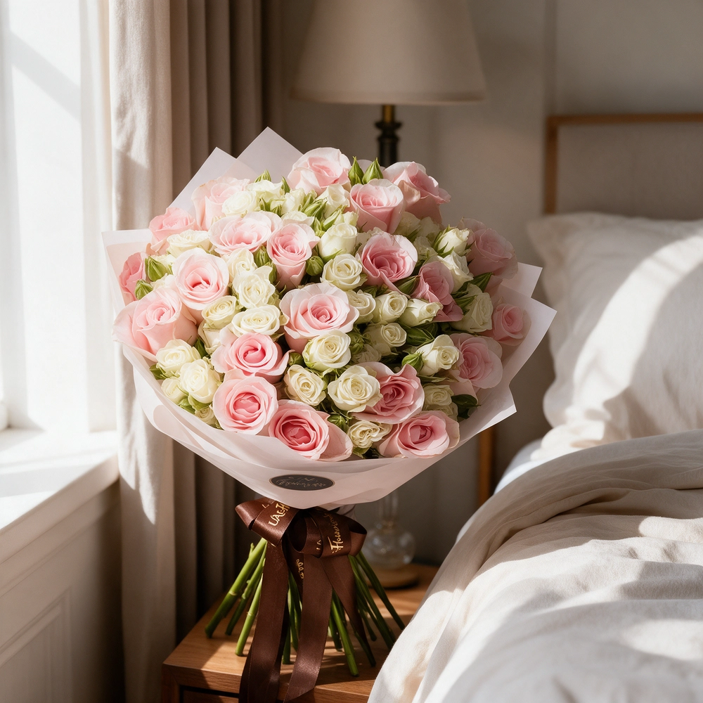Bouquet of pink roses and white spray roses wrapped in elegant paper and tied with soft ribbons