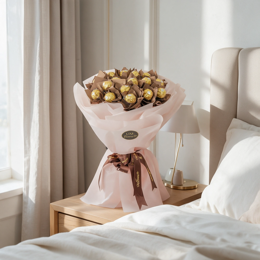 Bouquet of 16 Ferrero Rocher chocolates elegantly wrapped in paper and tied with ribbons, perfect for birthdays, anniversaries, or romantic gifting.