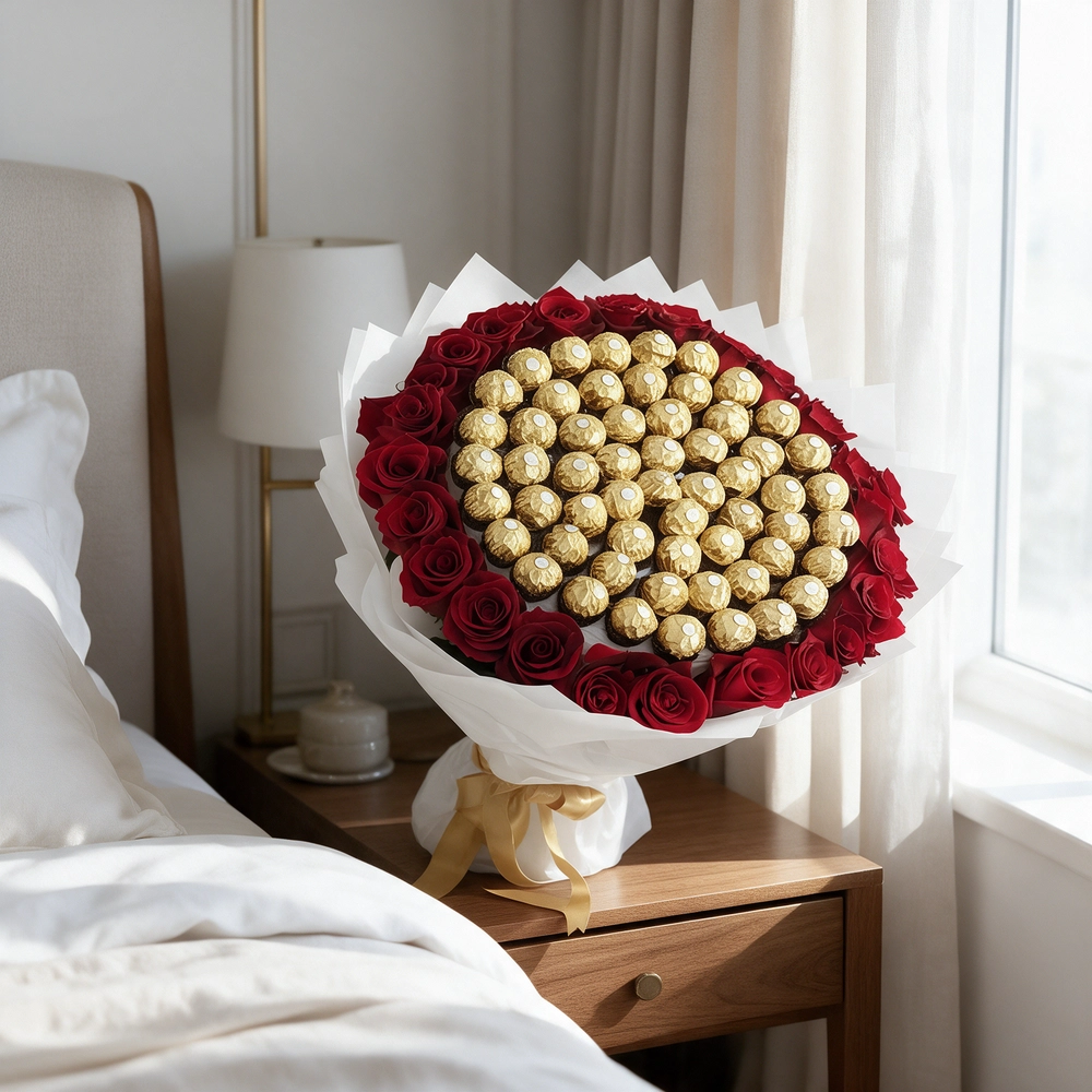 Grand Ferrero Rose Bouquet with 48 Ferrero Rocher chocolates, fresh red roses, premium white wrapping, and gold ribbon luxury gift arrangement.
