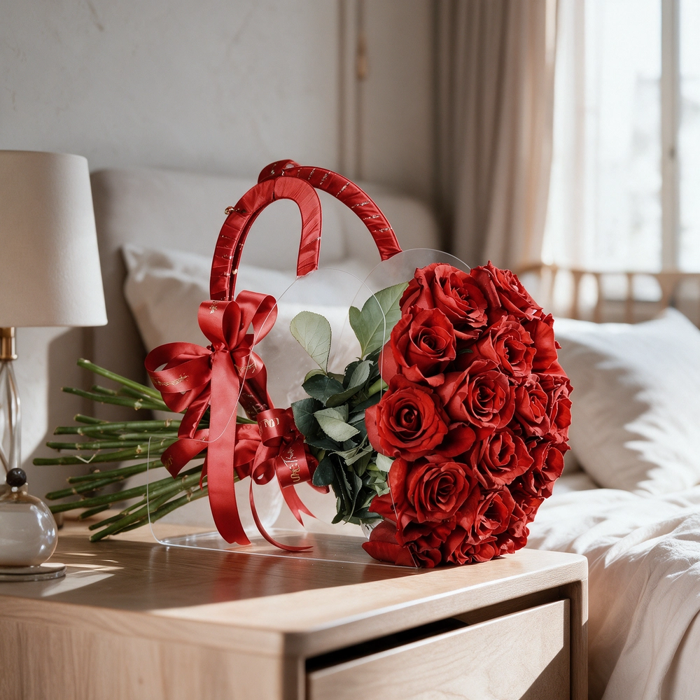 17 red roses placed in a transparent acrylic bag, tied with a ribbon