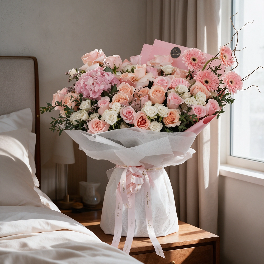 bouquet of pink roses, gerberas,  white spray roses, and hydrangea