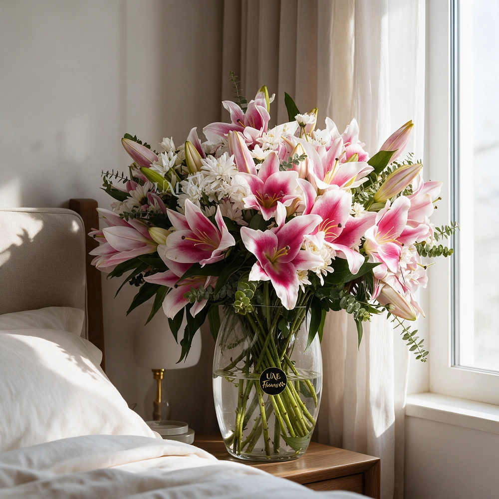 10 pink lilies and 5 white chrysanthemums