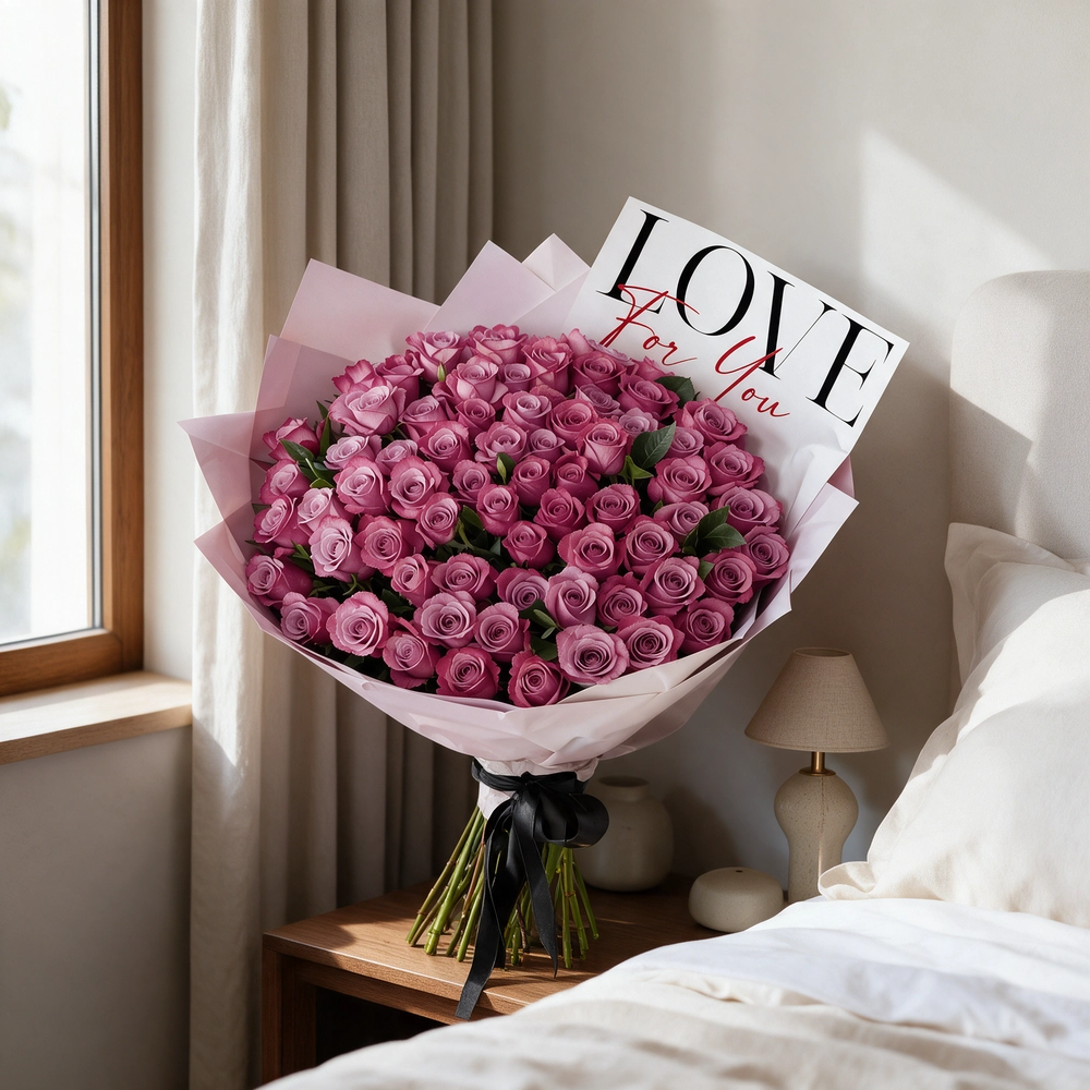 bouquet of 100 purple roses with green fillers,