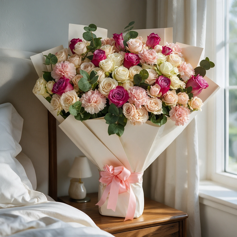 purple roses, 6 pink spray roses, 6 white spray roses and 6 pink carnations