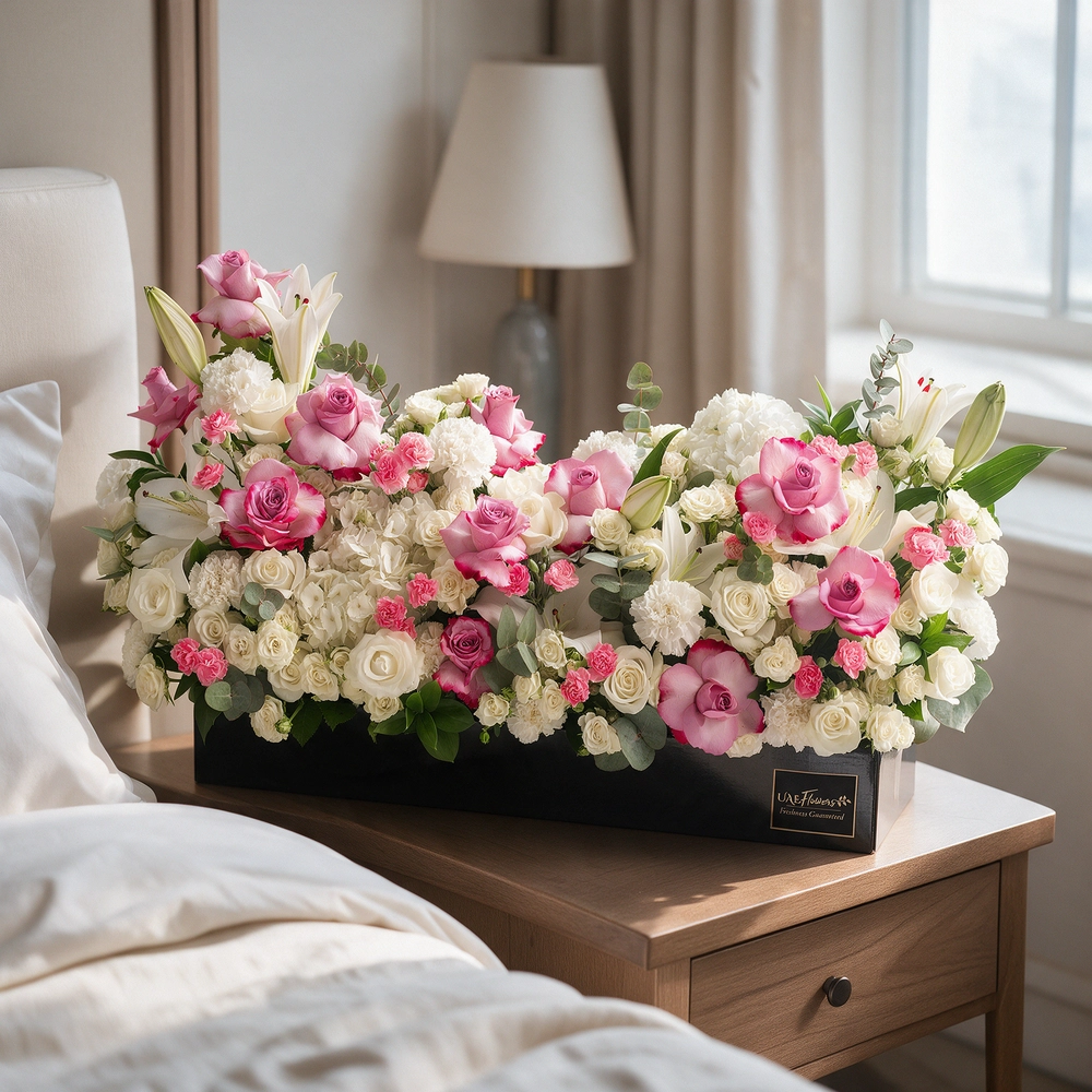 Arrangement of 5 white lilies, 15 purple roses, 15 white roses, 10 white carnations, 10 pink carnations, 10 white spray roses and 2 white hydrangeas with green fillers in a long black box.