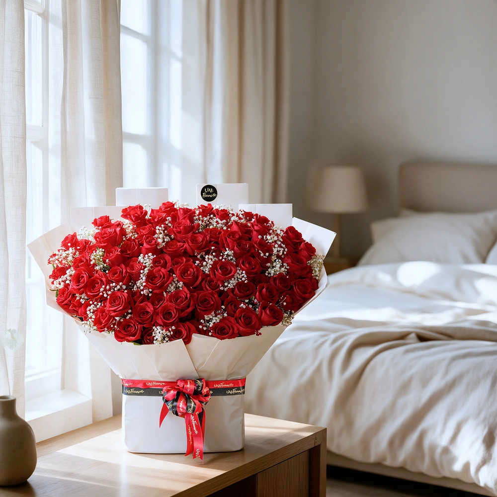 Bouquet of of 100 red roses with baby’s breath
