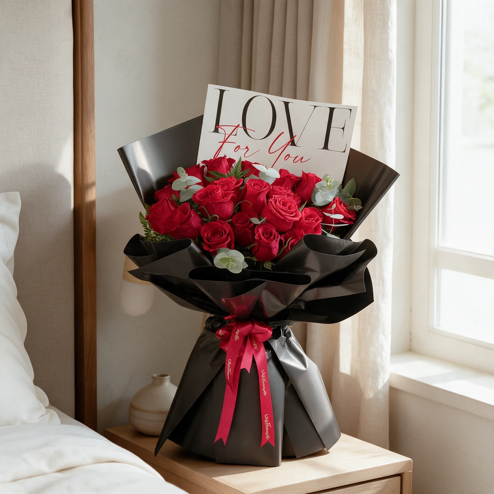 20 red roses with green fillers, wrapped in black and tied with red ribbons.