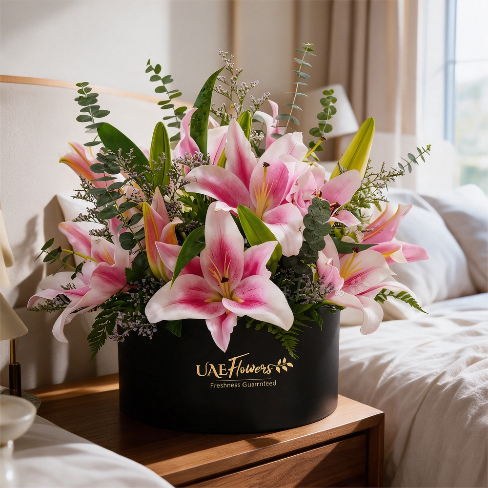 5 pink lilies with eucalyptus leaf and limonium fillers in a black round box