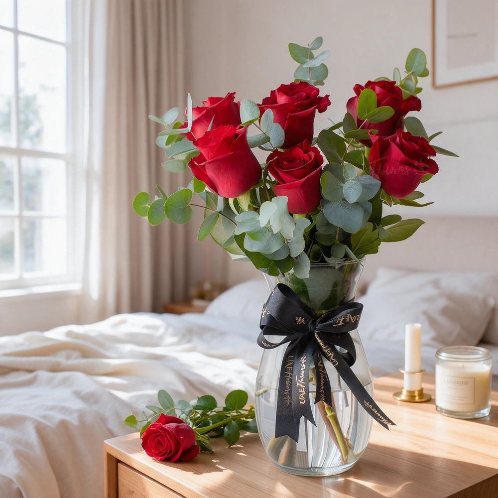 6 red roses arranged in a glass vase with eucalyptus