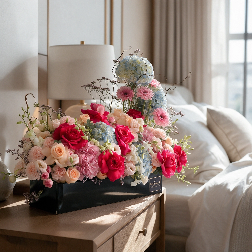 Arrangement of 4 blue hydrangeas, 2 pink hydrangeas, 20 pink carnations, 10 pink spray roses, 10 peach roses and 4 pink gerberas with green fillers in a long black box.