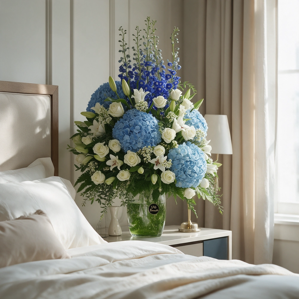 4 blue hydrangeas, 8 white lilies, 5 blue delphinium, and 20 white roses