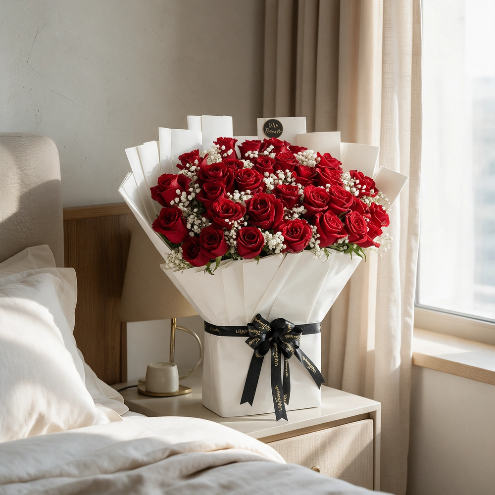 bouquet of 30 red roses with green fillers