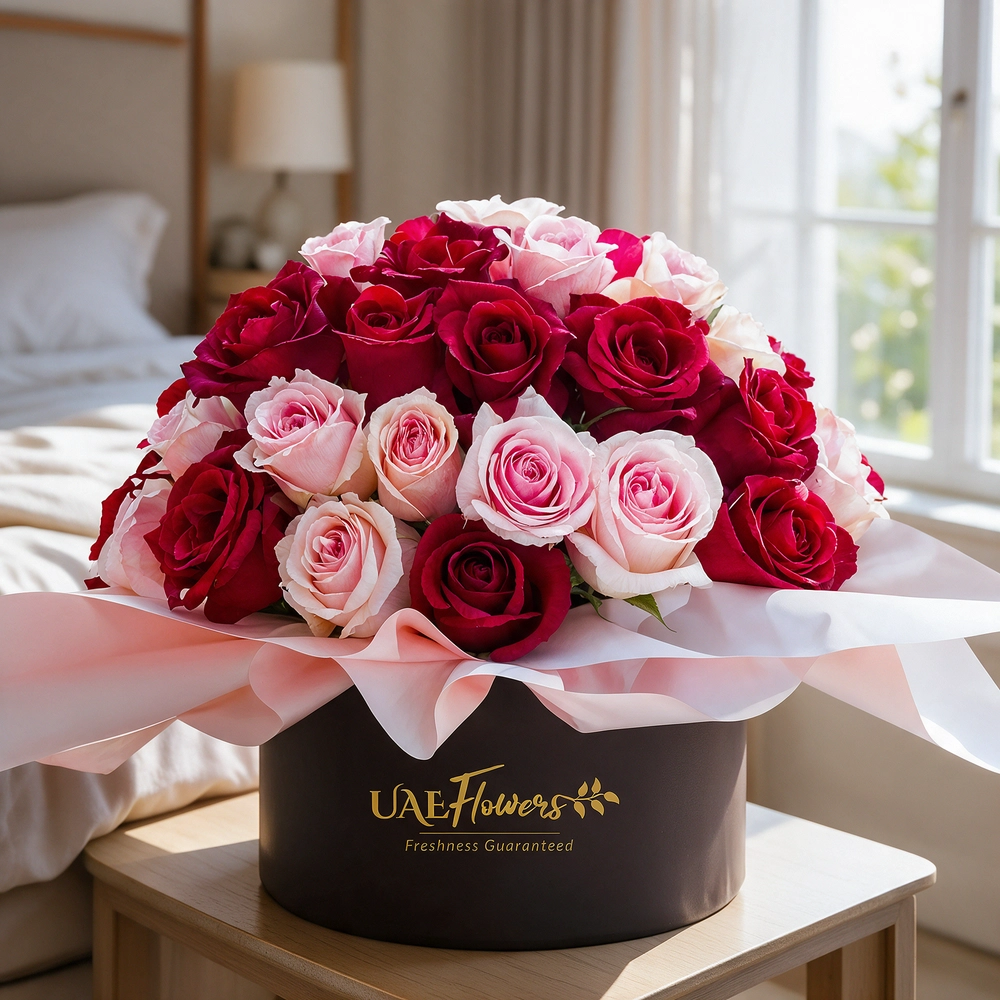 20 red and 20 pink roses neatly wrapped in a round box.