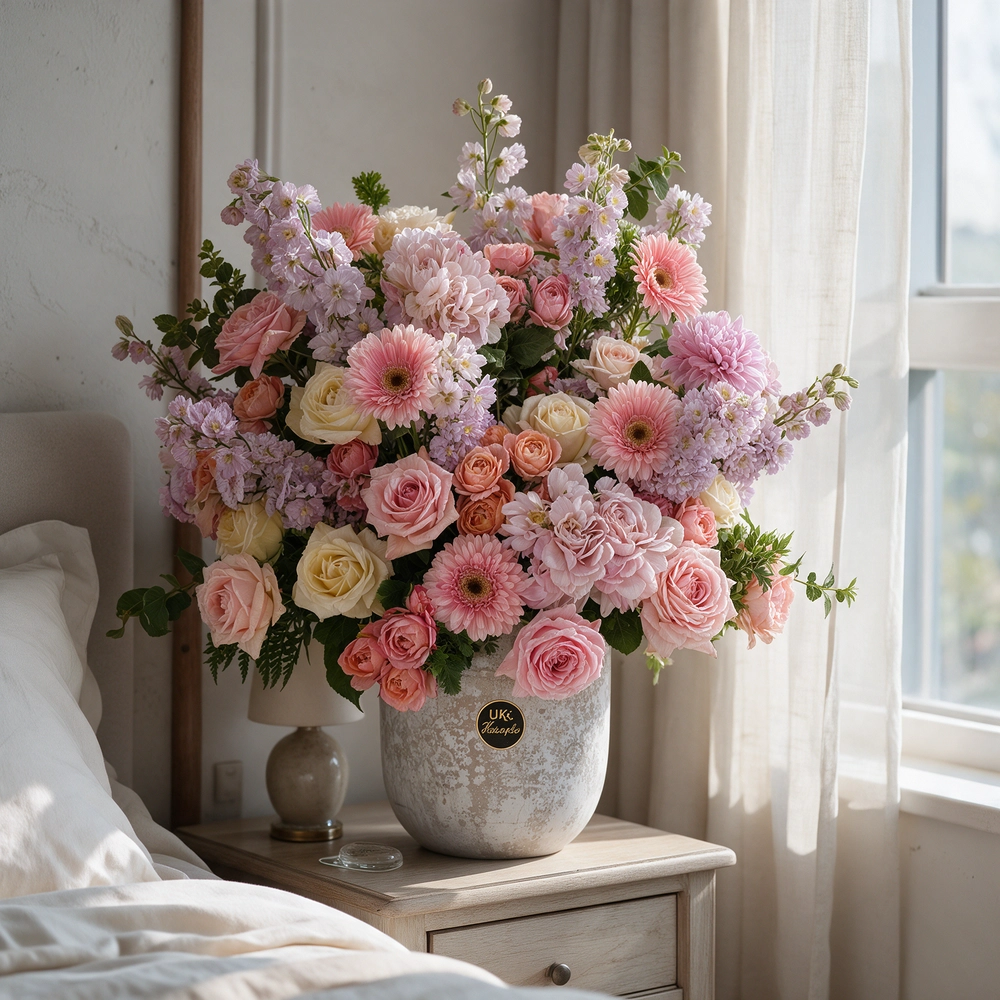 36 flowers, including pink delphiniums, hydrangeas, spray roses, garden roses, gerberas