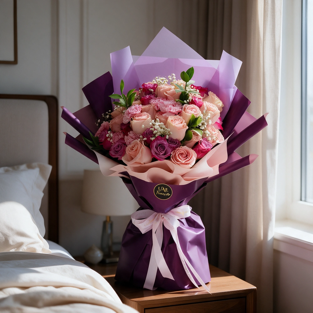 A bouquet of 9 light pink roses, 6 purple roses & 3 light pink carnations with fillers in a purple and grey wrapping paper tied with grey ribbon