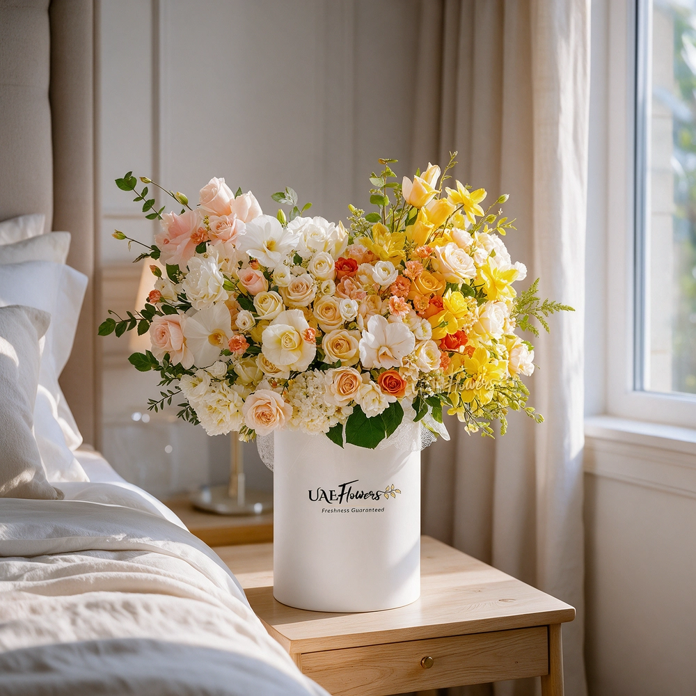 An arrangement of white lisianthus, peach spray carnations, white hydrangeas, yellow roses, orange roses, peach roses, cream roses, sprayed Yellow roses, sprayed yellow orchids and white cymbidium orchid with green fillers in a tall round box.