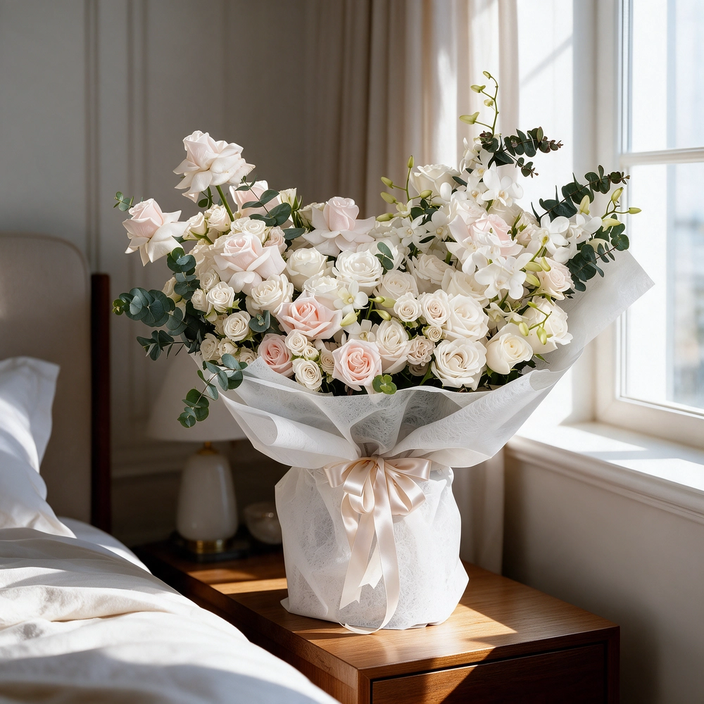 Bouquet of 20 white roses and 10 white spray roses with green fillers in white paper packing tied with white ribbon.
