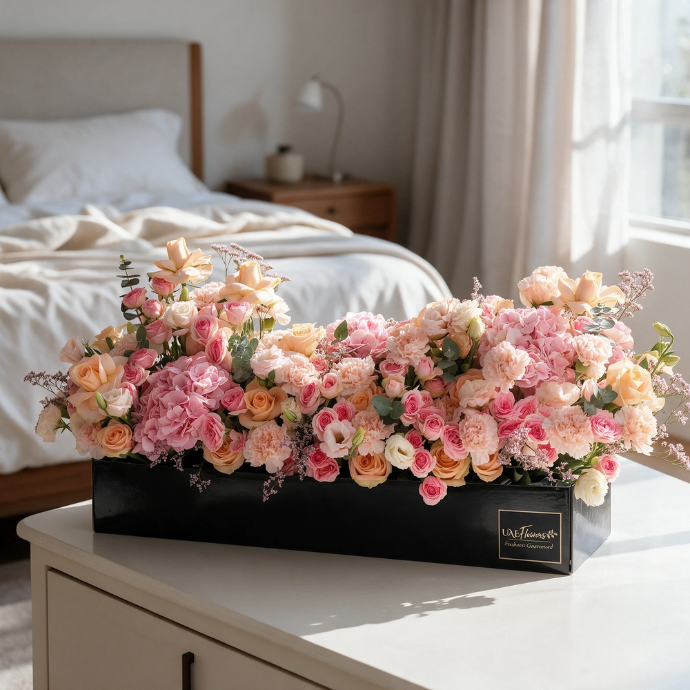 Arrangement of 20 peach roses, 20 pink carnations, 20 pink spray roses and 3 pink hydrangeas with green fillers in a long black box.