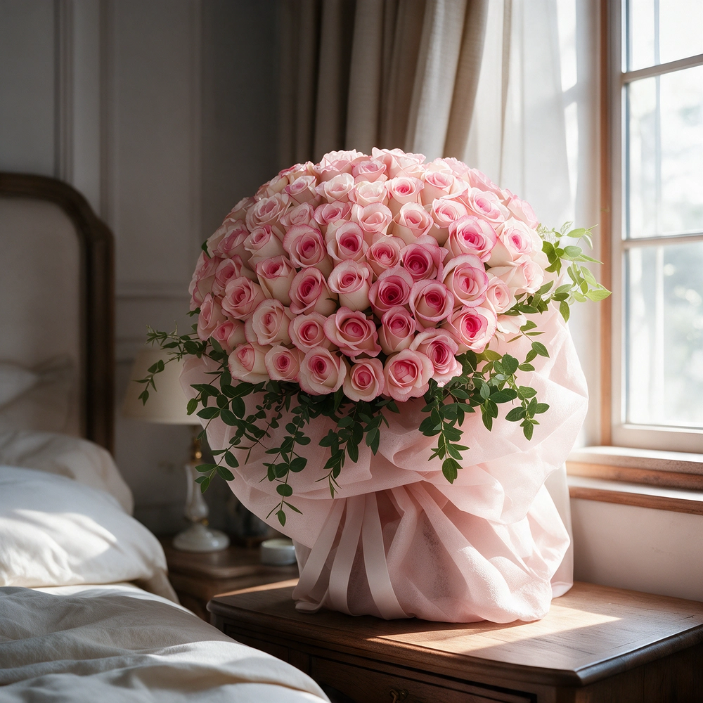 Bouquet of 40 Pink Roses with green fillers in nice wrapping