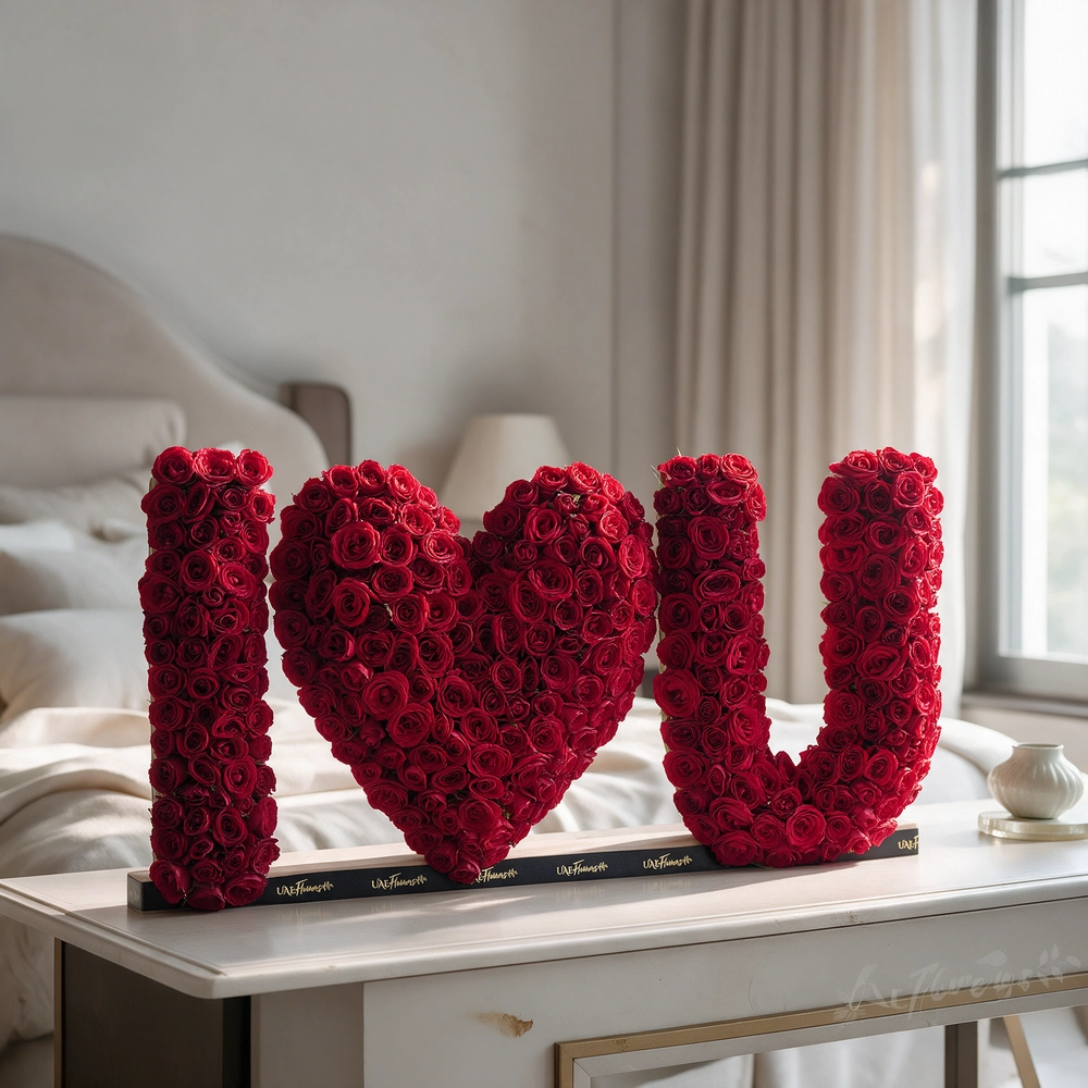 350 red spray rose buds arranged in an I Love You shape