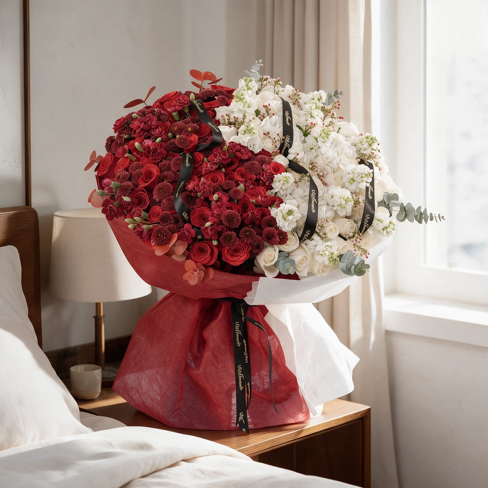 Bouquet of 25 red roses, 15 red chrysanthemums, 10 red spray carnations, 3 white hydrangeas, 25 white roses and 10 white matthiola with eucalyptus leaf in red and white wrapping paper tied with ribbon.