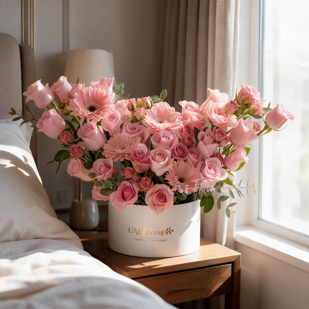 A box arrangement of 5 pink gerberas, 20 pink roses and 3 pink spray roses with green fillers.