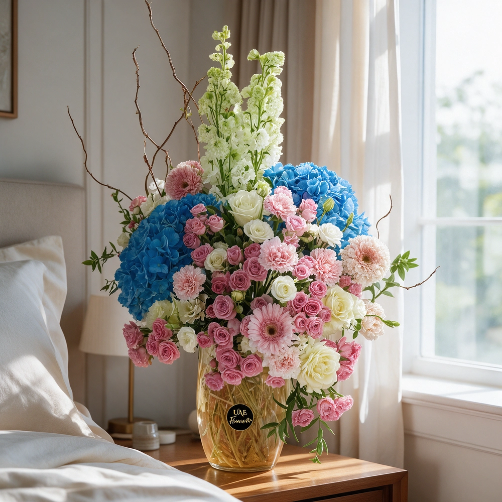 glass vase arrangement of blue hydrangeas, white delphinium, white roses, pink carnations, pink gerberas,