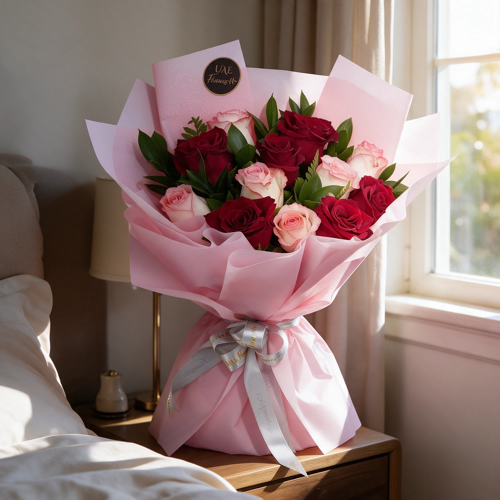 Bouquet of 12 red and pink roses with green fillers in pink wrapping paper.