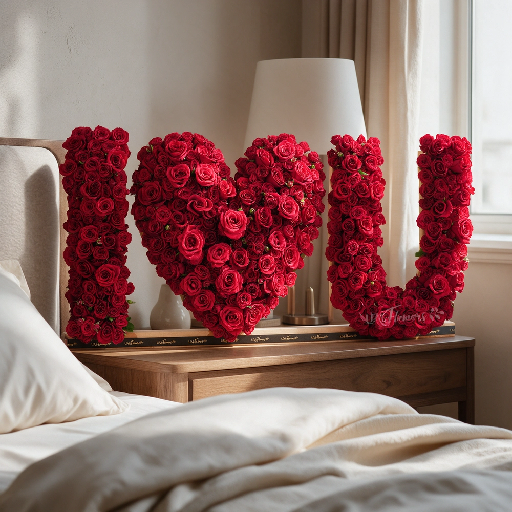 350 to 400 red spray rose buds arranged in an I Love You shape