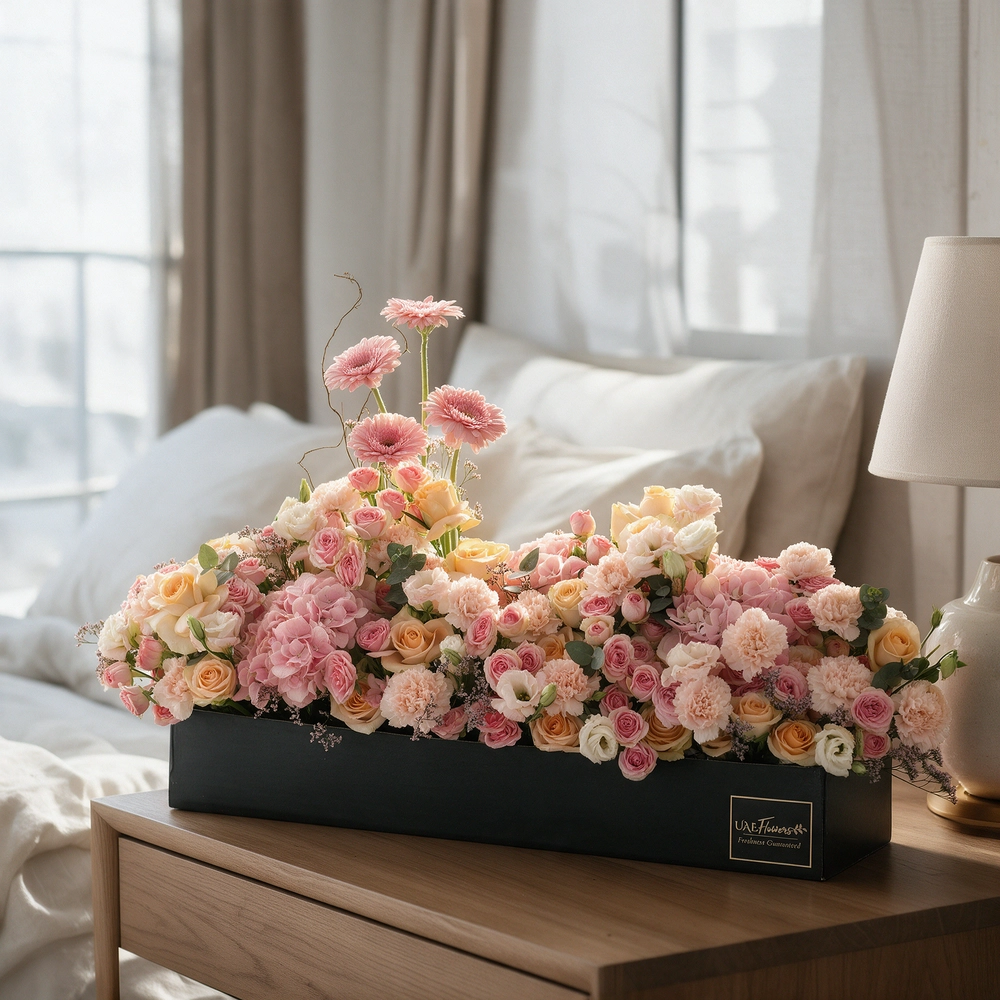 Arrangement of 4 pink gerberas, 3 pink hydrangeas, 20 pink carnations, 20 pink spray roses and 30 peach roses with green fillers in a long black box.