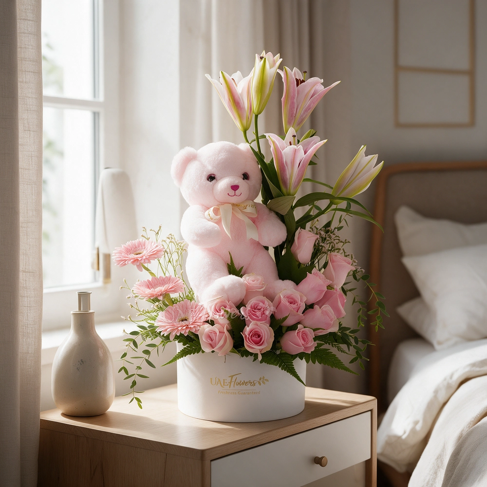 pink lily, pink gerberas, and pink roses in a round white box with a small pink teddy bear