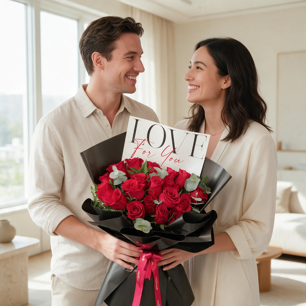 20 red roses with green fillers, wrapped in black and tied with red ribbons.