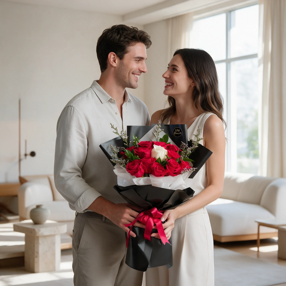 12 red roses and 1 white rose
