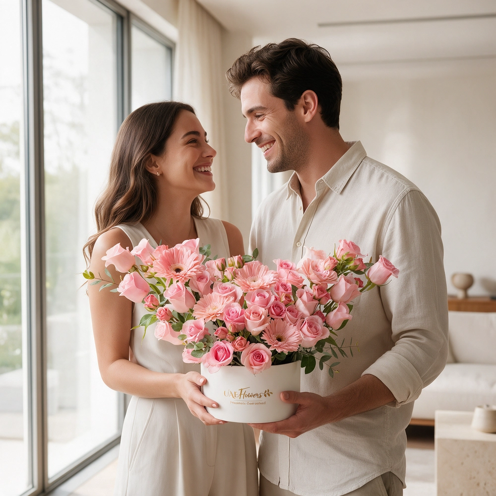 A box arrangement of 5 pink gerberas, 20 pink roses and 3 pink spray roses with green fillers.